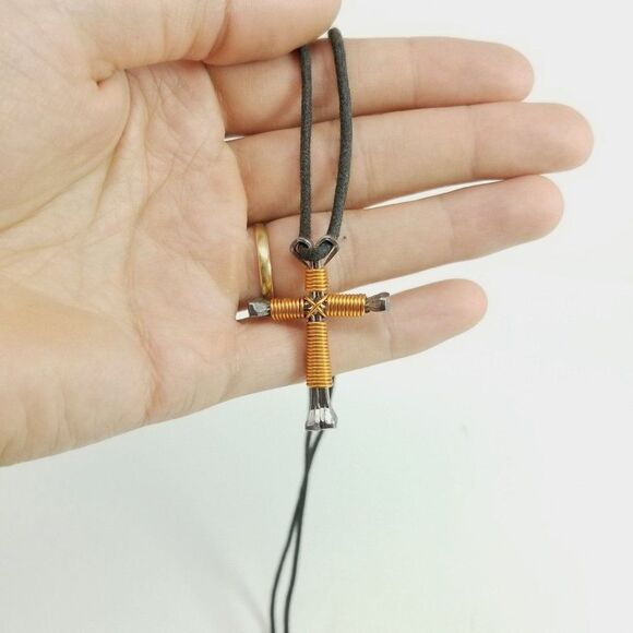 Vintage Cross Pendant Necklace, Wire Wraped Nails, Black Cord, Estate - Picture 3 of 6
